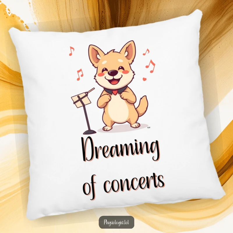 Funny dog conductor pillow with a smiling dog leading an invisible orchestra, providing comfort and a humorous musical theme.