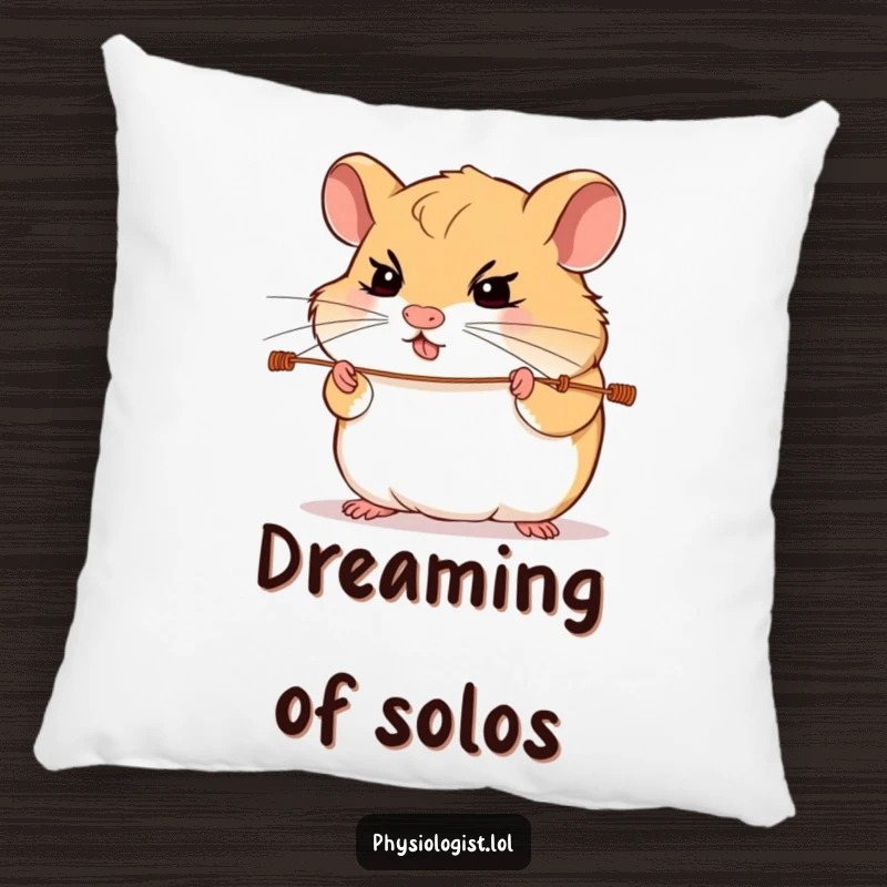 Funny hamster guitar pillow showing a determined hamster intensely focused on playing guitar strings, providing comfort with a musical theme.