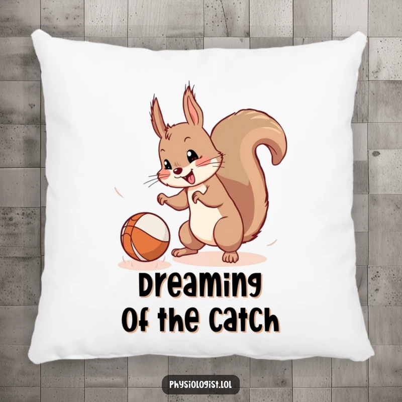Funny Squirrel Pillow: A mischievous squirrel energetically catches a bouncing ball, adding playful charm and comfort.