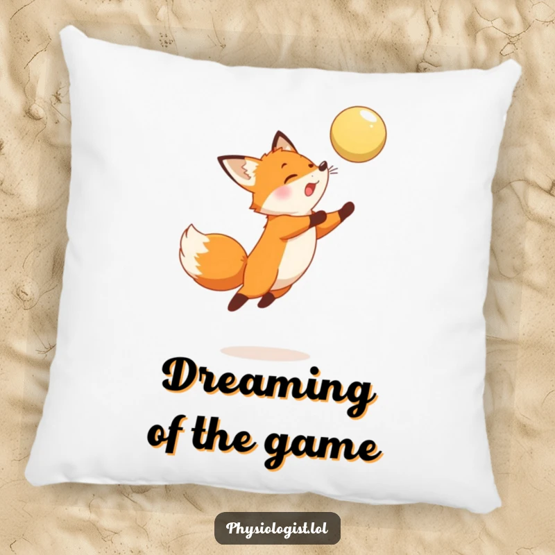 Funny Fox Pillow: A soft cushion featuring a lively fox leaping to hit a hovering ball, adding humorous comfort to any setting.