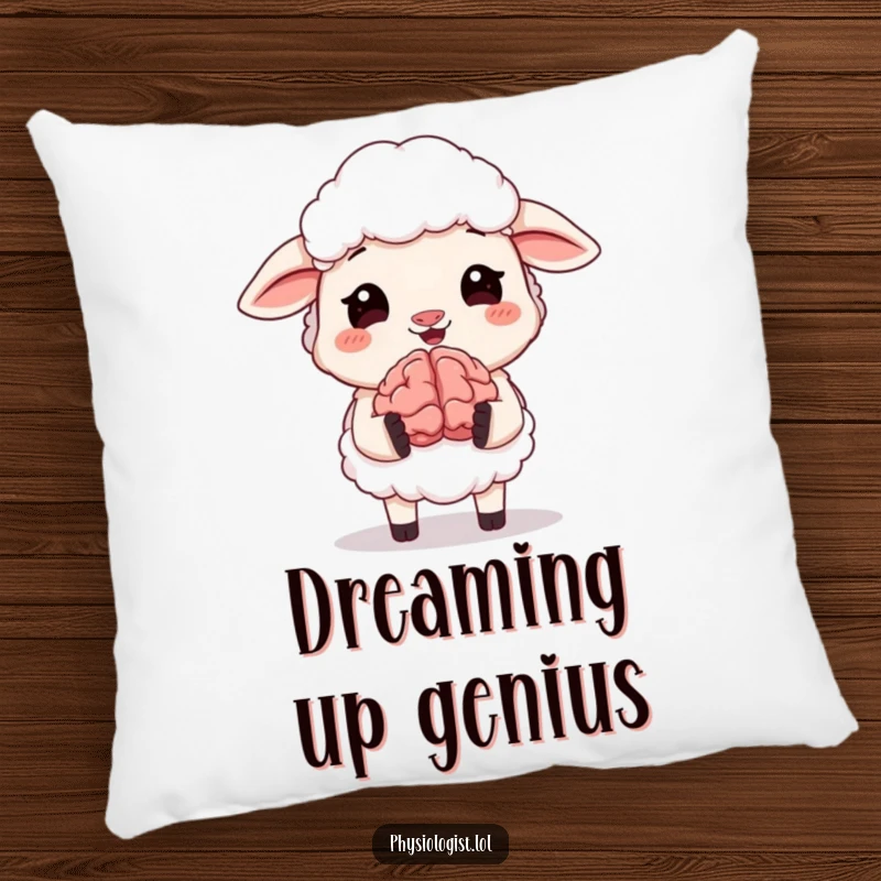 Funny pillow showcasing a sheep with a delightful giggle holding a small, animated brain. A soft and humorous decorative item, excellent funny gift.