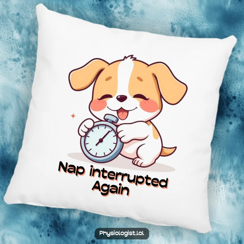 Funny dog tripping with a stopwatch, depicted on a soft, comfortable pillow. A perfect funny gift for comfort.