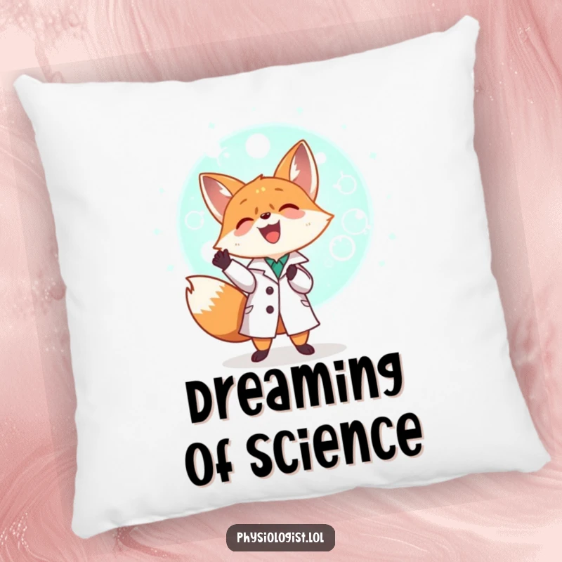 Funny illustration of a tiny fox in a lab coat joyfully examining a giant glowing cell, a soft and humorous throw pillow.