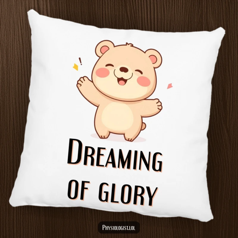 Funny Bear Pillow: A giggling bear performing a celebratory flourish after a score, offering cozy comfort and cheerful vibes.