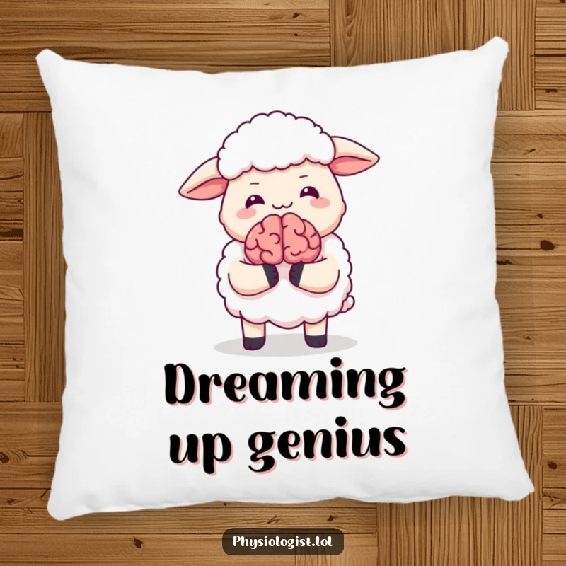 Funny pillow featuring a joyful sheep holding a tiny animated brain, offering a soft, humorous touch to any decor.