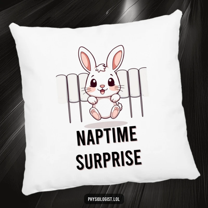 Funny pillow featuring a charming jumping rabbit peeking out from behind a hiding spot, offering comfort and humor.