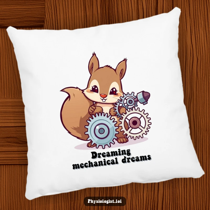 Funny decorative pillow showing a determined squirrel character carefully adjusting spinning gears, adding cozy and humorous detail to any room.