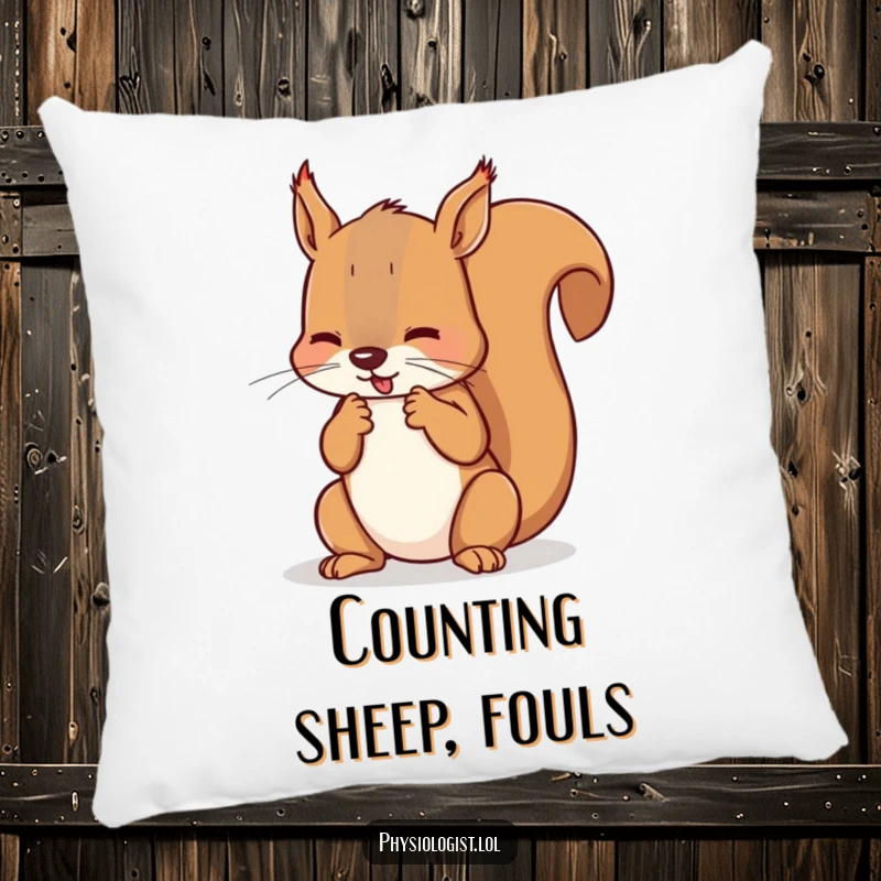 Funny squirrel referee pillow showing a squirrel counting imaginary fouls on its paws, cozy and sports-themed humorous.