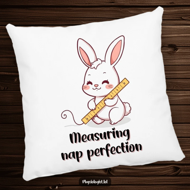 Funny decorative pillow showing a busy rabbit character diligently measuring a wiggly line with a ruler, adding cozy and humorous charm.
