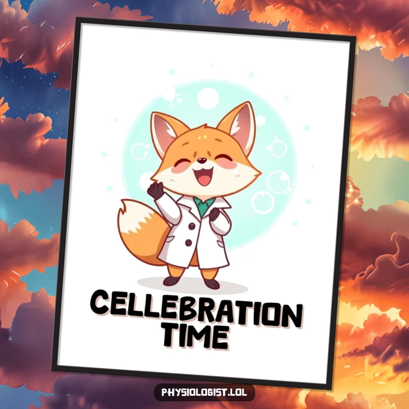 Funny tiny fox in a lab coat joyfully examining a giant glowing cell, a cute and humorous digital art print for download.