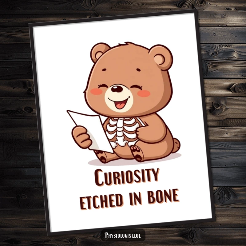 Funny digital art print of a happy bear cub perplexed by a skeleton anatomy diagram, for humorous decor.