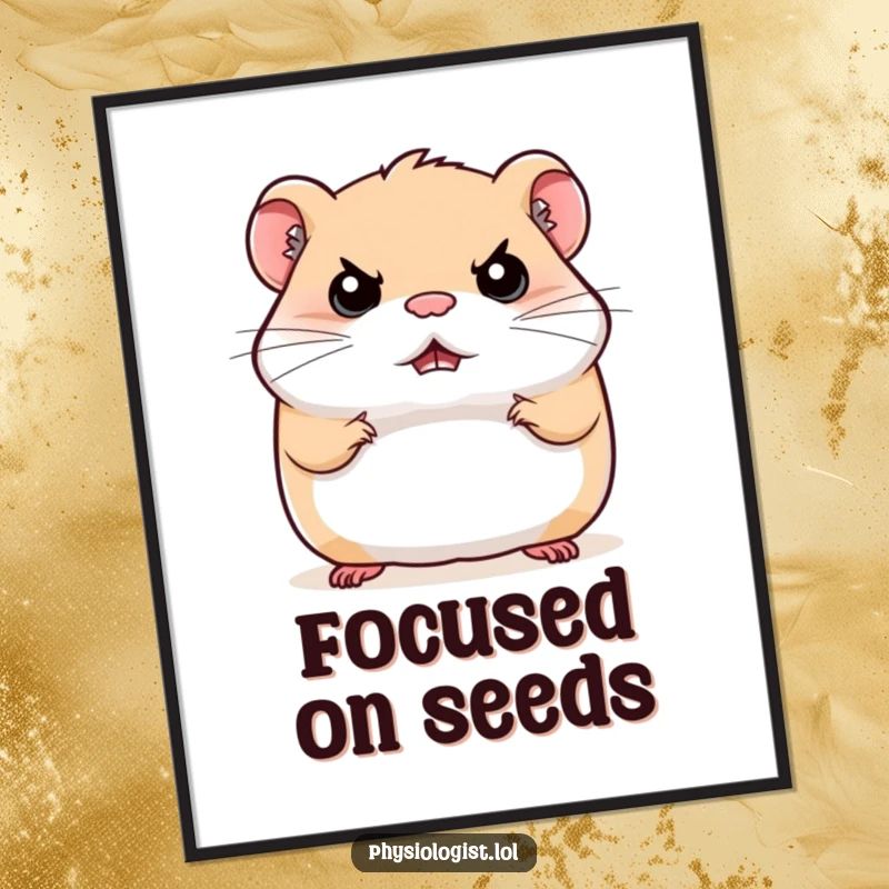 Funny stern hamster digital art print, a hamster bouncing with a determined expression, high-resolution printable for wall decor.