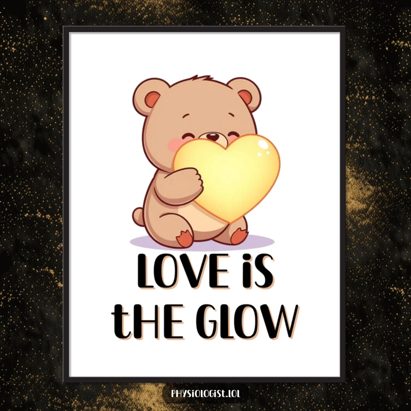 Funny happy bear digital art print, examining a glowing heart, a downloadable piece of heartwarming decor.