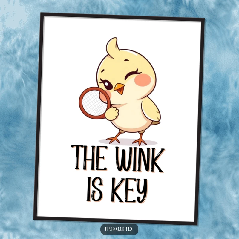 Funny Bird Digital Art Print: A playful bird winks while holding a tennis racquet, creating a fun and sporty visual.