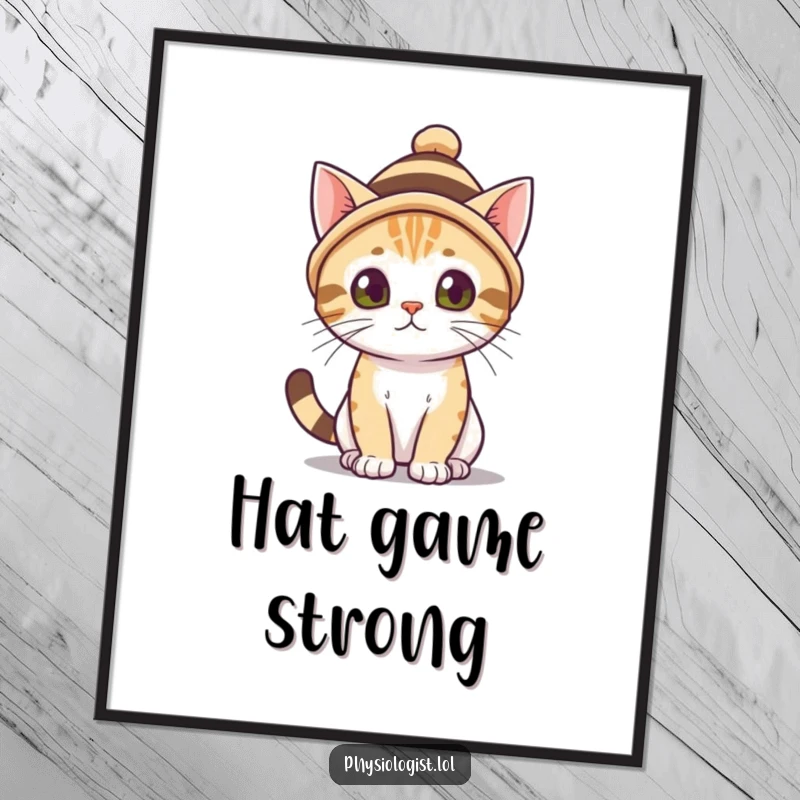 Funny curious cat wearing a small, striped hat, digital art print. A charming funny gift for instant decor.