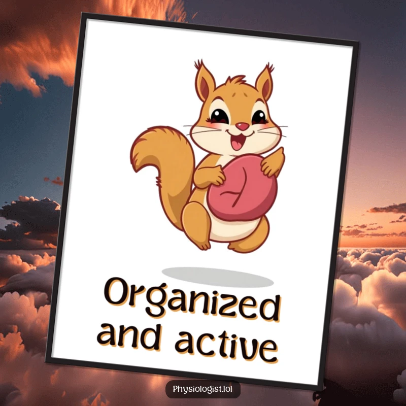 Funny liver health squirrel digital art print, featuring a jumping squirrel proudly displaying a healthy liver, radiating energetic wellness humor.