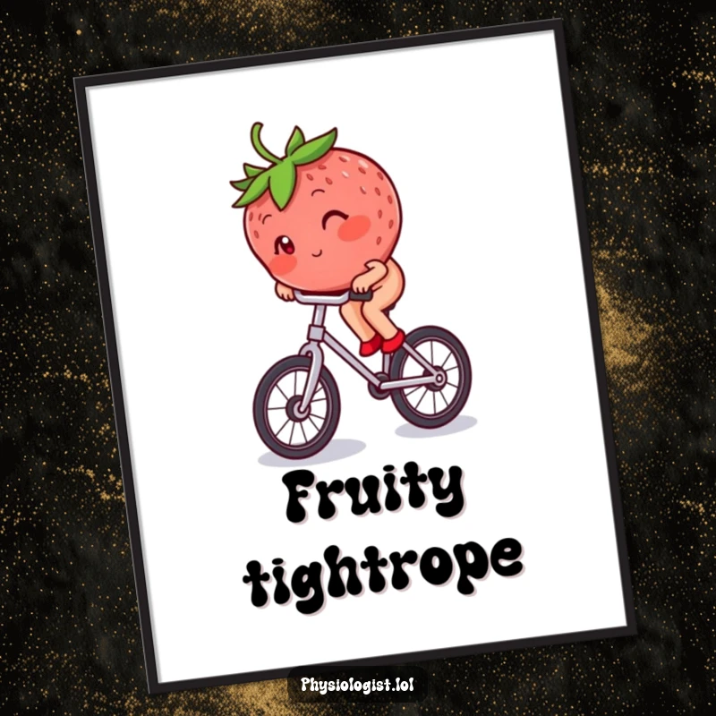 Funny blushing strawberry riding a unicycle, rendered as high-resolution, humorous wall art.