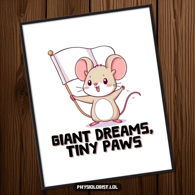 Funny mouse flag digital art print of a tiny mouse bravely waving a large, fierce flag, instant inspirational and humorous decor.