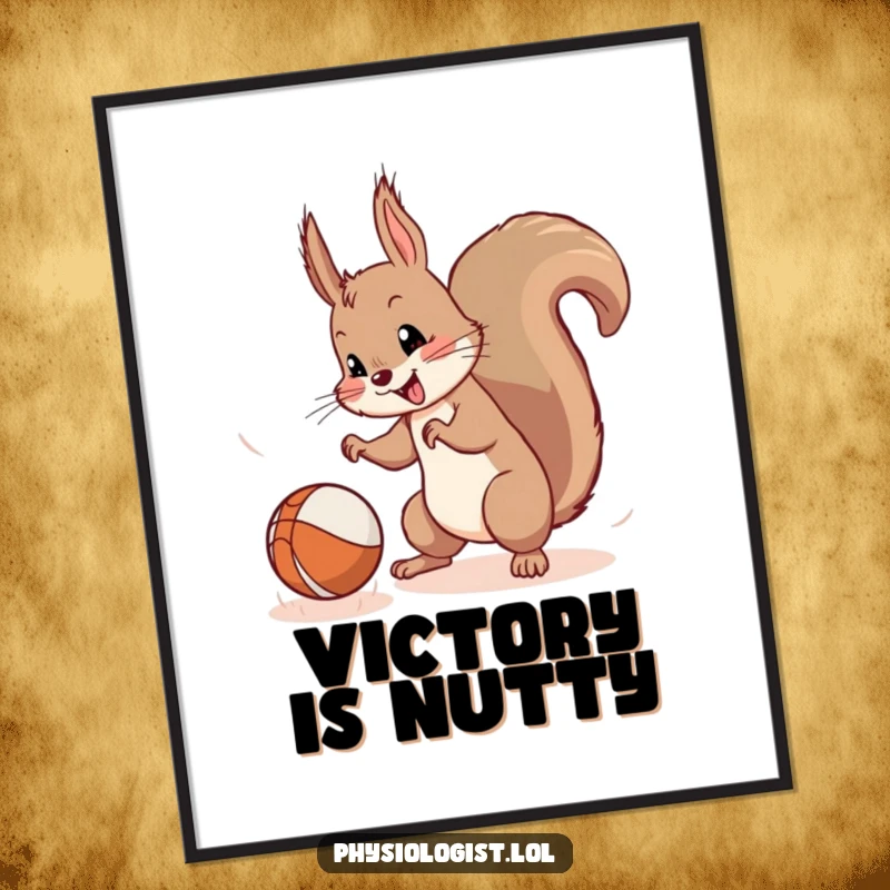 Funny Squirrel Digital Art Print: A mischievous squirrel mid-action catching a bouncing ball, creating a dynamic and humorous visual.