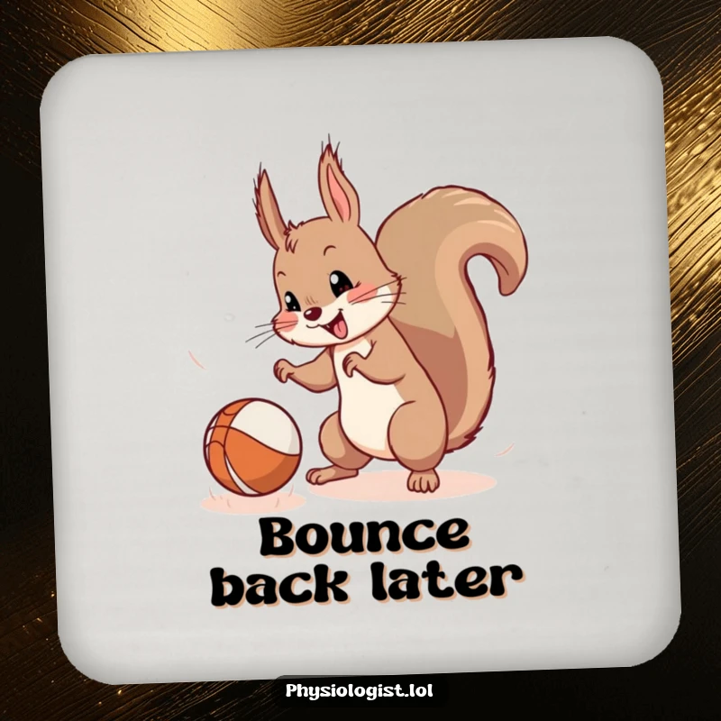 Funny Squirrel Coasters: A mischievous squirrel focused on catching a bouncing ball, offering humorous surface protection.