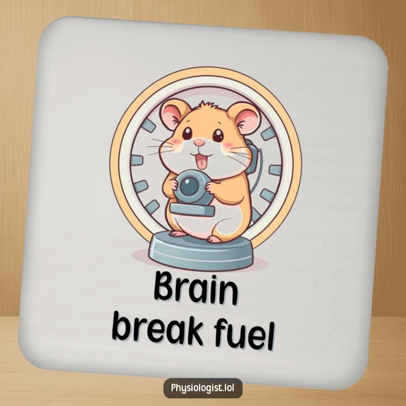 Funny brain scanner hamster drink coaster, showing a hamster operating a complex brain scanner, protecting surfaces with intelligent humor.