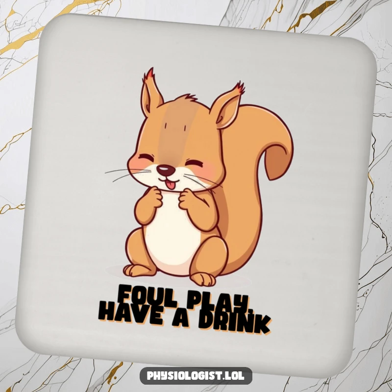Funny squirrel referee coaster featuring a squirrel counting imaginary fouls, protecting drinks with sports humor.