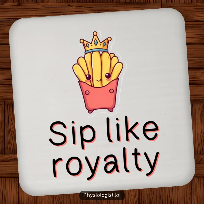 Funny french fry wearing a tiny crown, protecting your table with this humorous drink coaster.