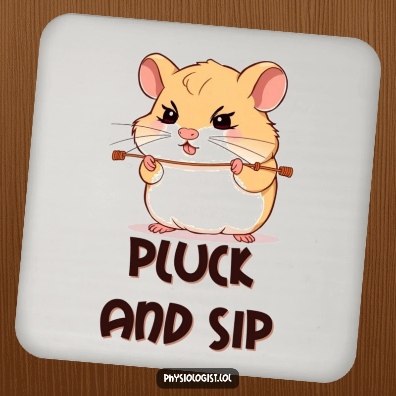Funny hamster guitar drink coaster with a determined hamster intensely focused on playing guitar strings, protecting surfaces with rock style.