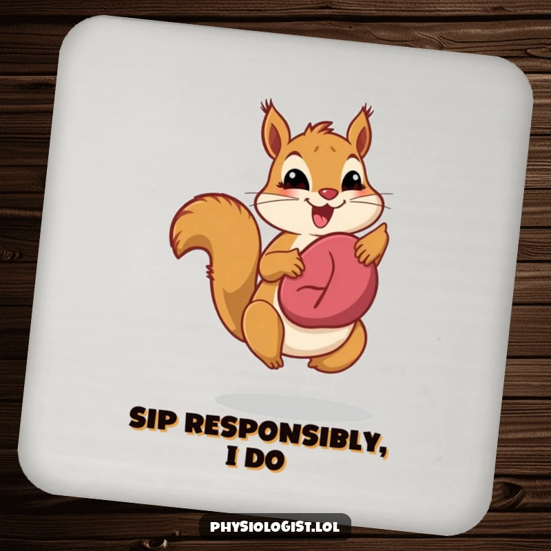 Funny liver health squirrel drink coaster, showing a jumping squirrel proudly displaying a healthy liver, protecting surfaces with energetic wellness humor.