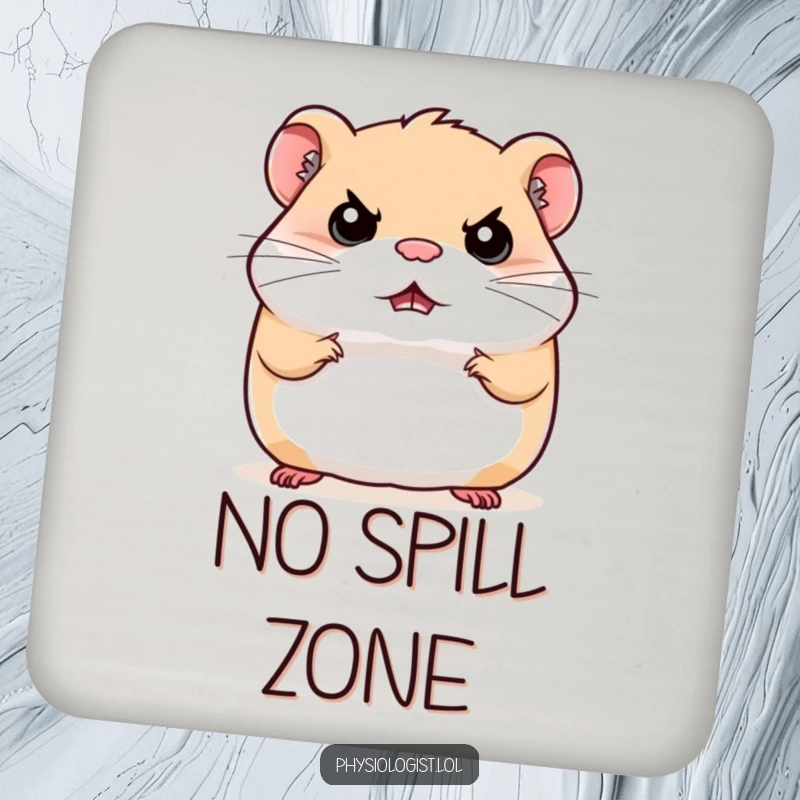 Funny stern hamster drink coaster, a hamster bouncing with a determined expression, protective and humorous home accessory.
