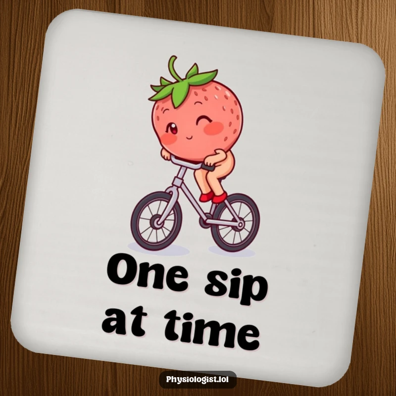 Funny blushing strawberry riding a unicycle, protecting your table with this humorous drink coaster.