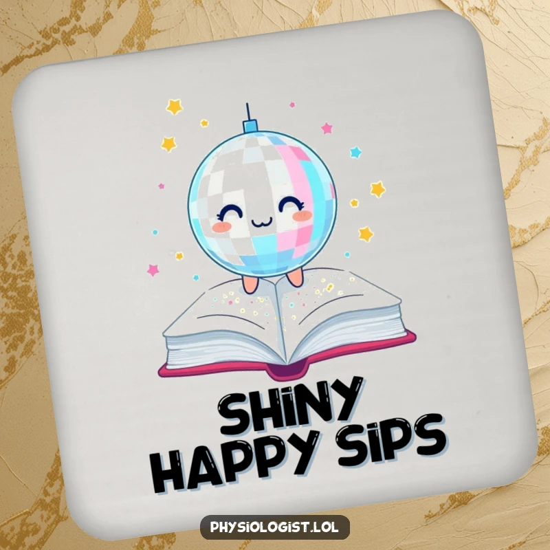 Funny drink coaster depicting a disco ball showering a book with glitter, adding a humorous and dazzling touch to drinks and surfaces.
