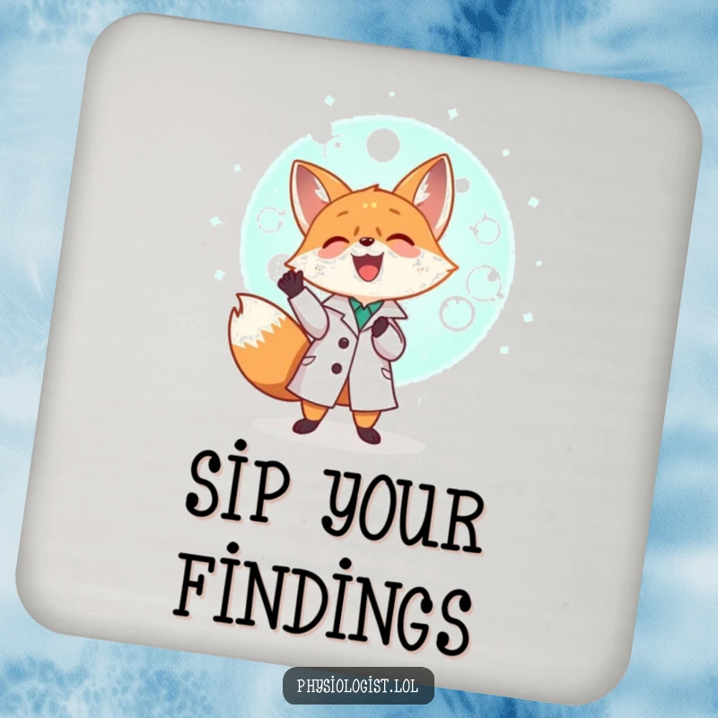Funny tiny fox in a lab coat examining a giant glowing cell, a cute and humorous coaster for tabletops.