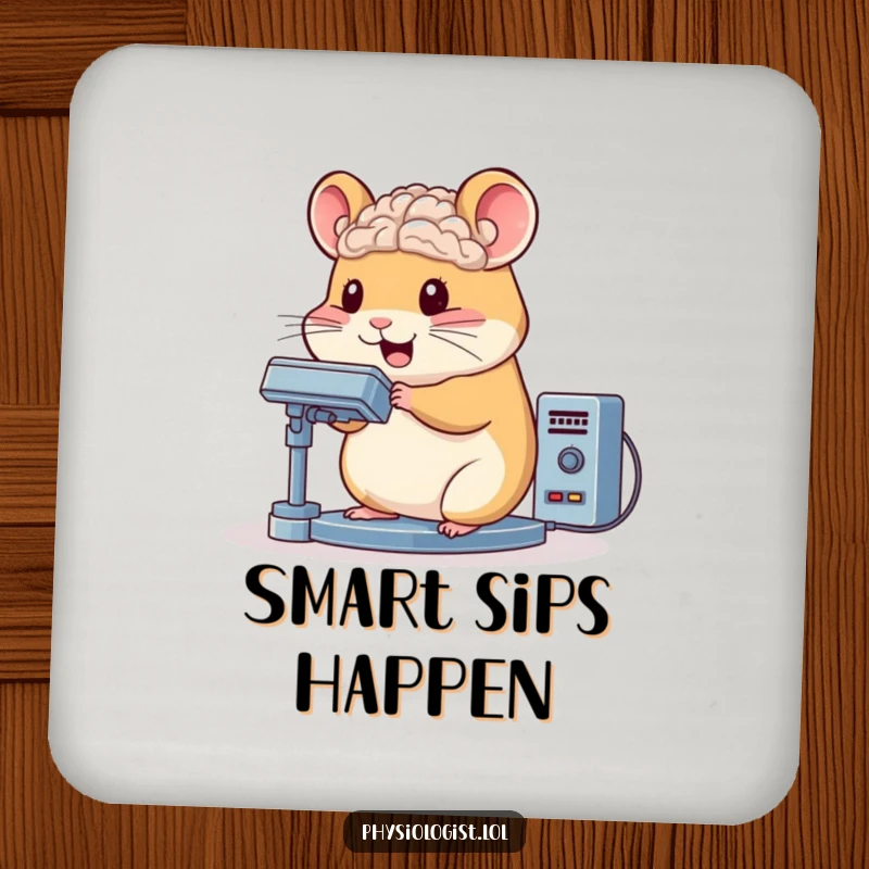 Funny hamster coaster character bouncing while operating a complex brain scanner, a humorous table protector.