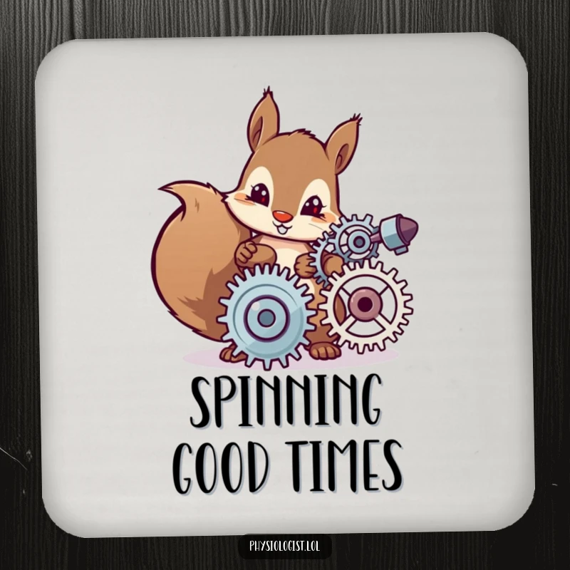 Funny drink coasters showing a determined squirrel character carefully adjusting spinning gears, adding humorous protection to tabletops.