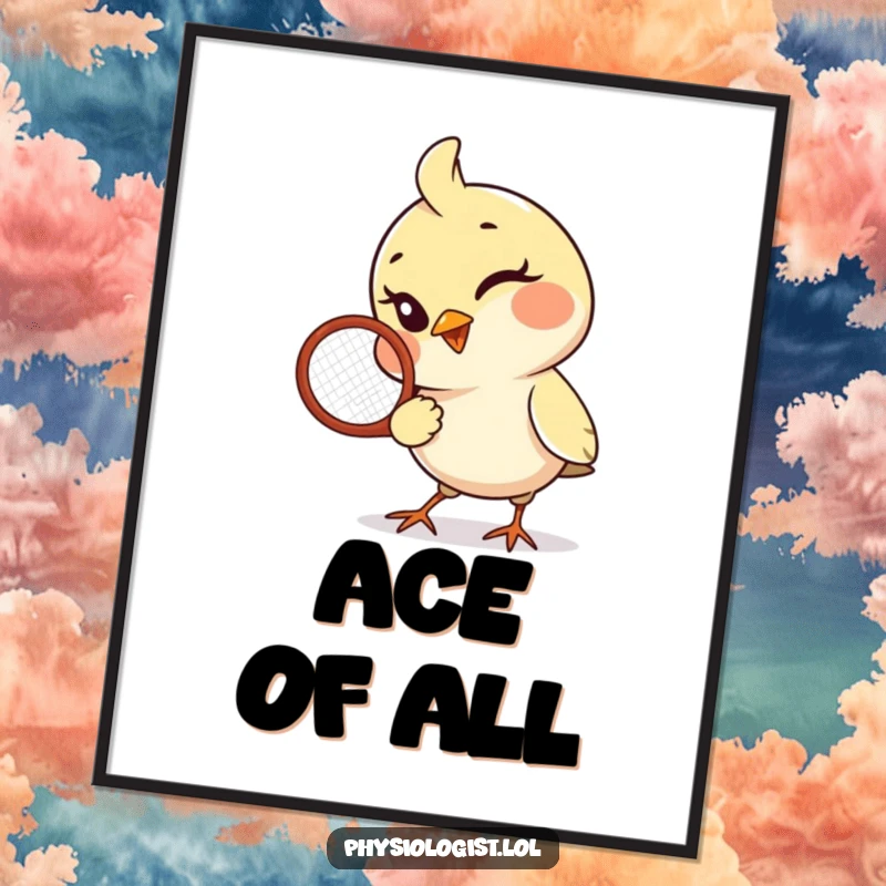 Funny Bird Poster: A playful bird winks while holding a tennis racquet, creating a humorous and sporty piece of wall art.