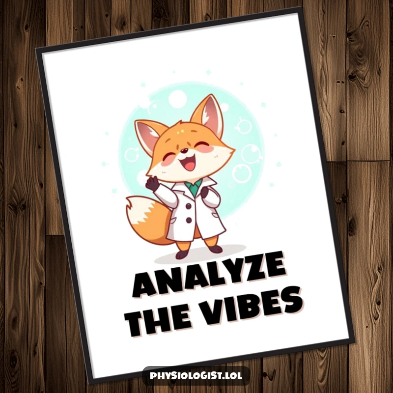Funny tiny fox wearing a lab coat, joyfully examining a giant glowing cell, a humorous and cute poster.