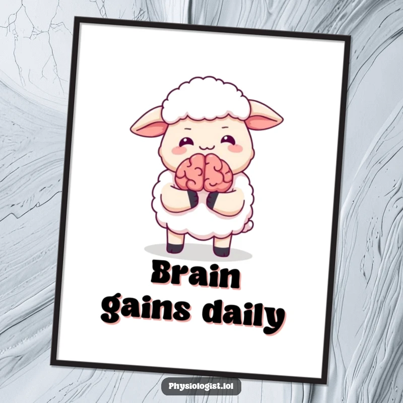 Funny poster art of a sheep in hysterics holding a small, animated brain, a humorous and whimsical piece for any wall.