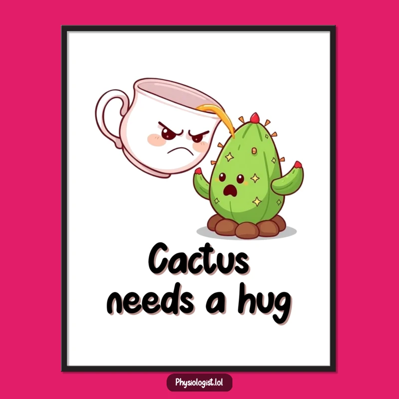 Funny Grumpy Teacup Art Poster: Cactus Surprise Whimsical Funny Decor
