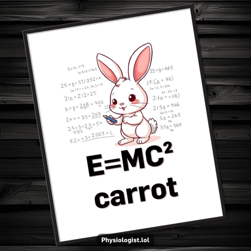 Funny poster art depicting an energetic bunny rabbit intensely scribbling complex mathematical equations and scientific formulas on a whiteboard, conveying deep thought.