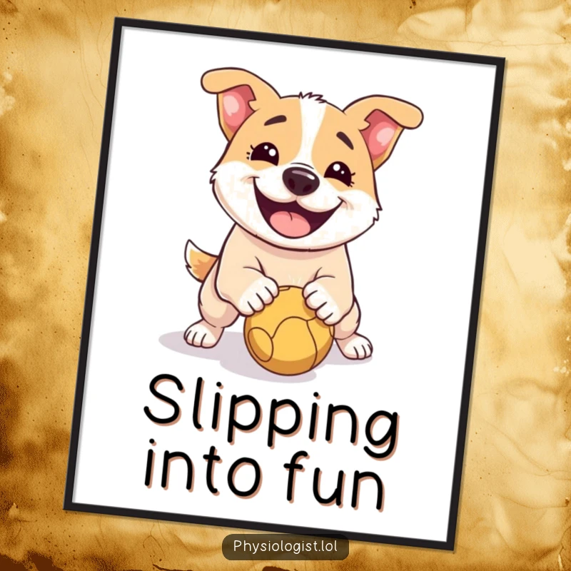 Funny Dog Poster: A vibrant print of a dog joyfully slipping on a ball, capturing a moment of pure, funny canine chaos.