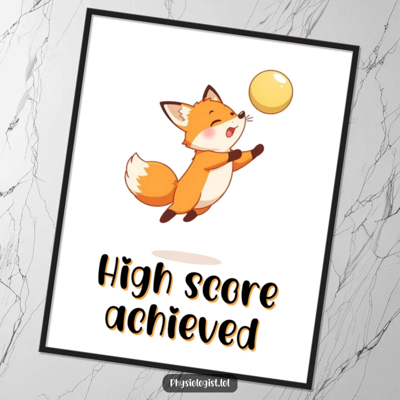 Funny Fox Poster: Dynamic artwork of a fox leaping high to strike a hovering ball, capturing a moment of intense, humorous action.