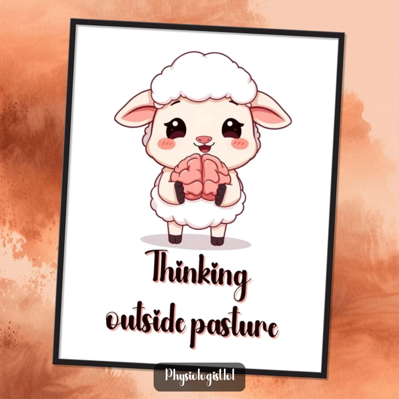 Funny poster illustrating a sheep in mid-giggle holding a small, animated brain. Ideal wall art for humor enthusiasts and a great funny gift.