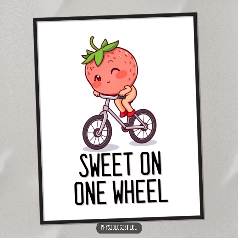 Funny blushing strawberry balancing on a unicycle, looking adorable and slightly flustered, presented as humorous art.