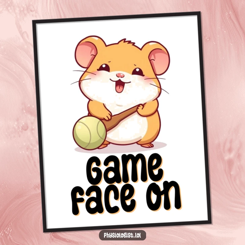 Funny Hamster Poster: A cheerful hamster engrossed in batting a ball with a tiny paddle, creating a whimsical gaming scene.