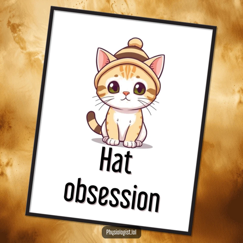 Funny curious cat wearing a small, striped hat, ready for adventure. A charming funny gift for wall decor.