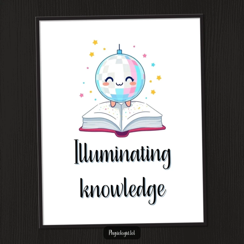 Funny poster depicting a lively disco ball releasing a cascade of glitter onto a book, creating a celebratory and humorous visual for book lovers.