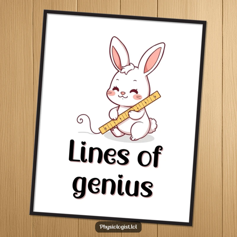 Funny poster art of a busy rabbit character diligently measuring a wiggly line with a ruler, ideal wall decor for humorous perfectionists.