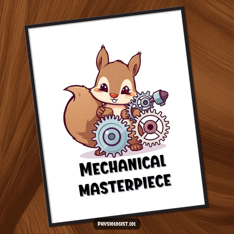 Funny poster art of a determined squirrel character carefully adjusting complex spinning gears, ideal wall decor for inventive minds.