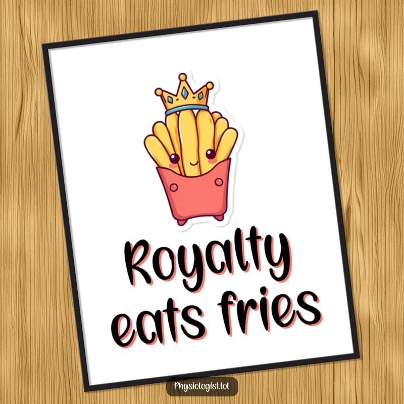 Funny french fry wearing a tiny crown, looking majestic and proud, presented as high-quality, humorous wall art.